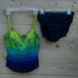 2 piece medium blue and green bikini in like new condition. No brand or tags.
